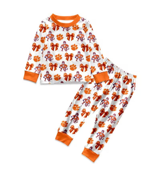 Custom moq 3 eat about 6/8weeks moq 5 eta 5/6weeks bow orange boys long sleeve and long pants pajamas set