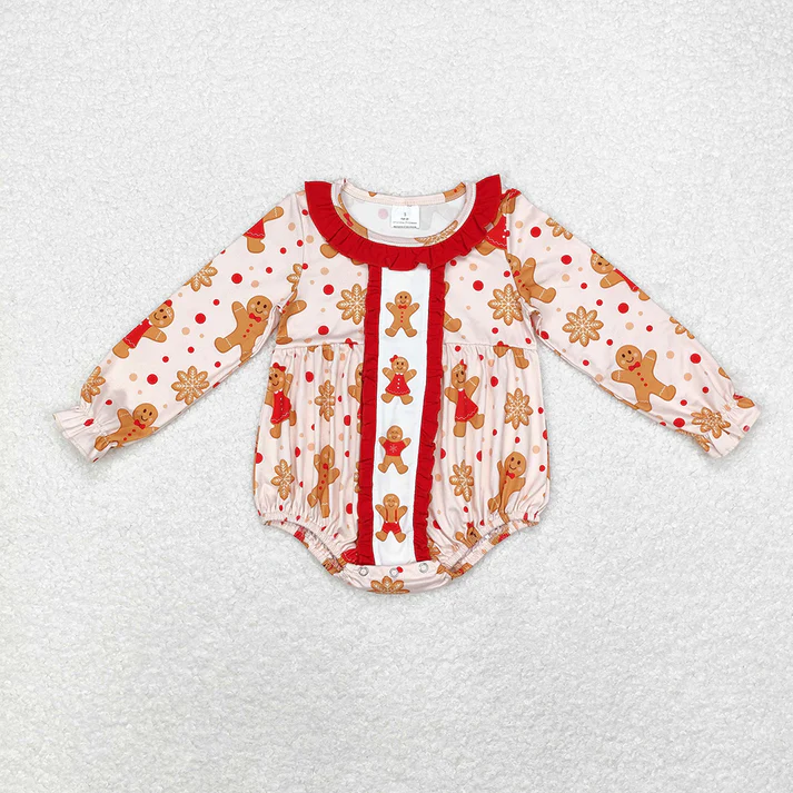 RTS NO MOQ Baby Girls Christmas Gingerbread Bear Red Lace Climbing Suit & Lace Long Sleeve Pants Set