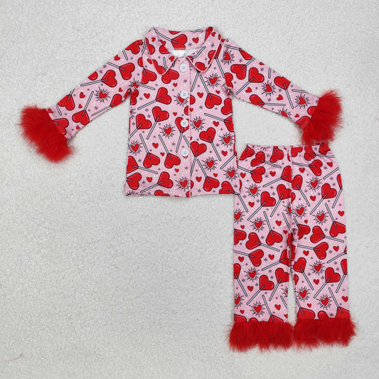 RTS NO MOQ ETA 5/7days arrived GLP2266 Valentine's Day love lollipop red plush trim long sleeve long pants pajama set