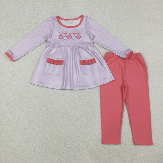 RTS NO MOQ（In Stock) GLP2906 Embroidered Valentine's Day heart purple striped lace pocket long-sleeved pant set
