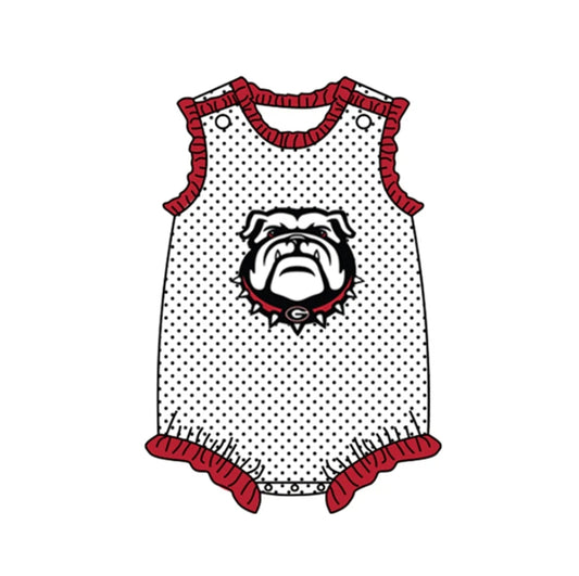 Deadline  September 20 custom no moq eta 6-8weeks Black polka dot dog head pattern red lace trim sleeveless short romper