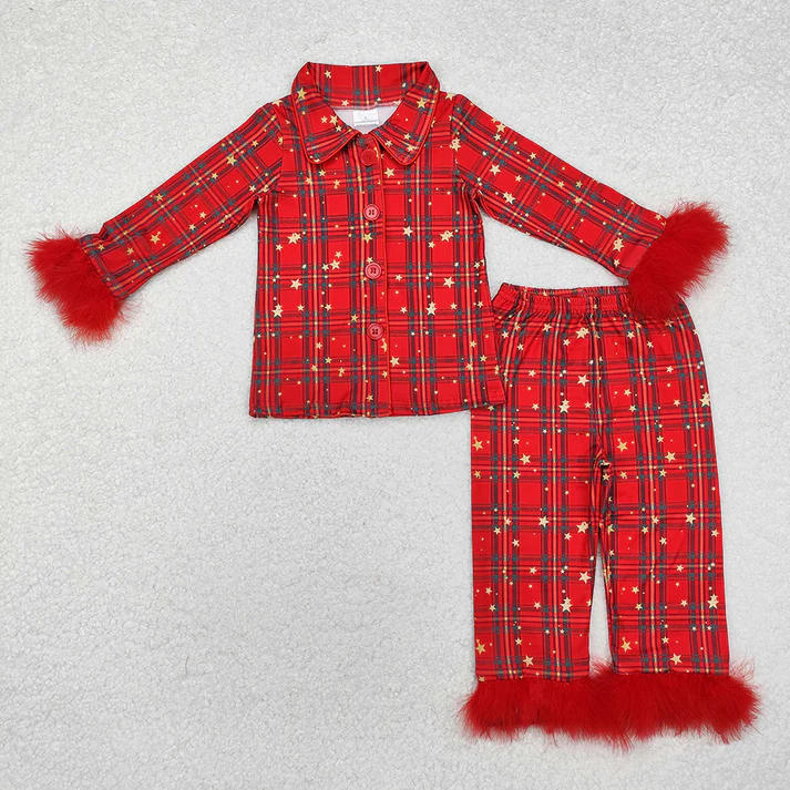 RTS NO MOQ  Baby Girls Christmas Buttons Shirt Pants Pajamas Clothes Sets