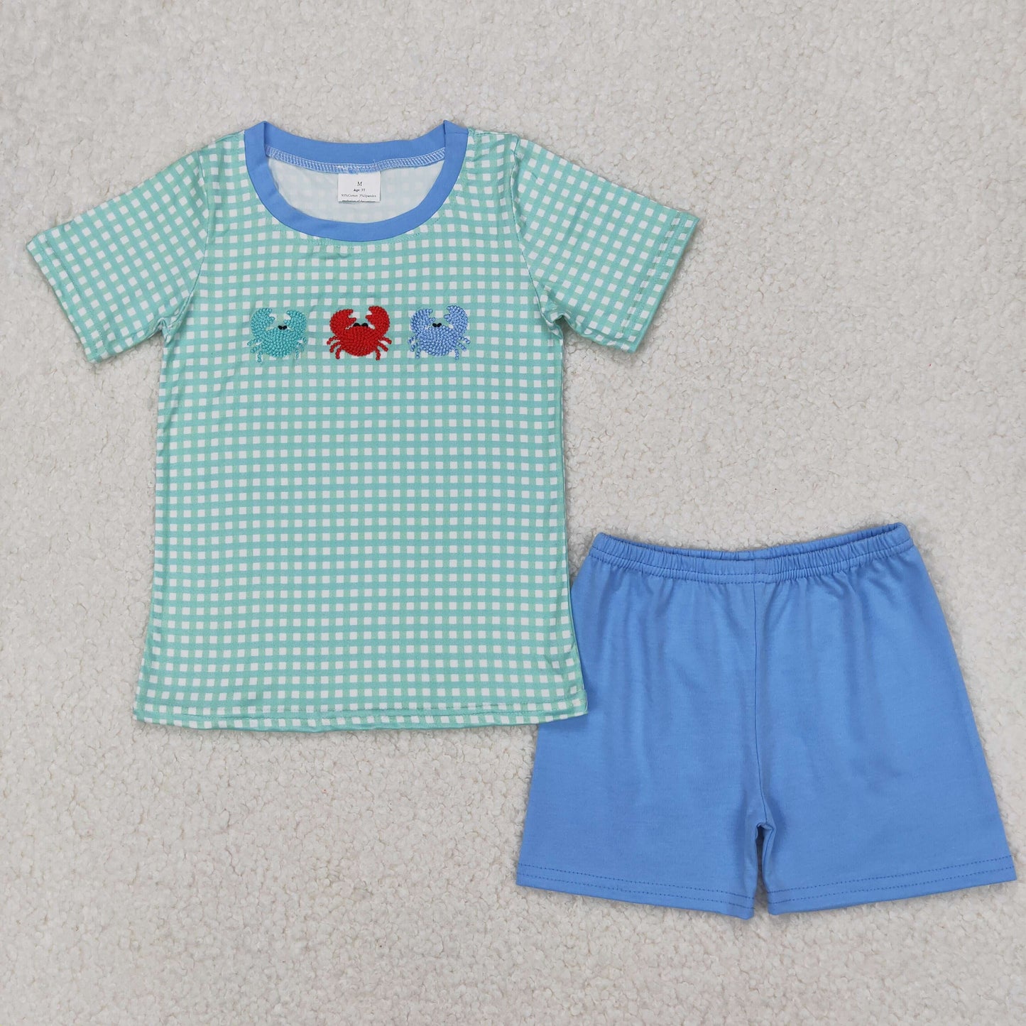 RTS NO MOQ ETA 5/7days Arrived BSSO1279 Embroidered crab green plaid short-sleeved blue shorts set