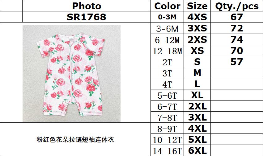 RTS no moq SR1768 Pink flower zipper short-sleeved jumpsuit