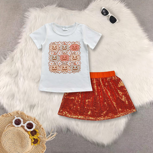 RTS NO MOQ Sibling baby girls clothes pumpkin short sleeve short skirts sets and Top and skirts