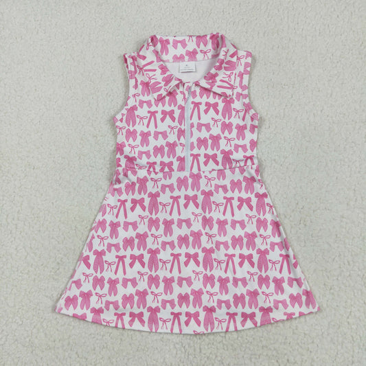 RTS NO MOQ GSD2379 White zipper yoga sleeveless dress with pink bow pattern