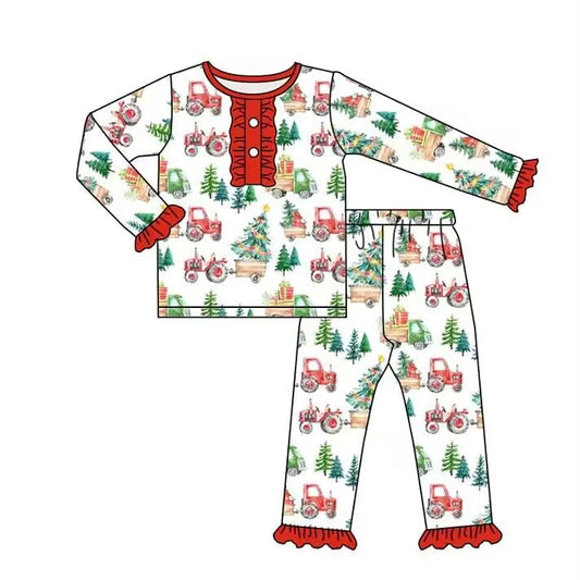 custom moq 5 eta 5-6weeks girls Christmas trees red long sleeve top and pants set girls custom