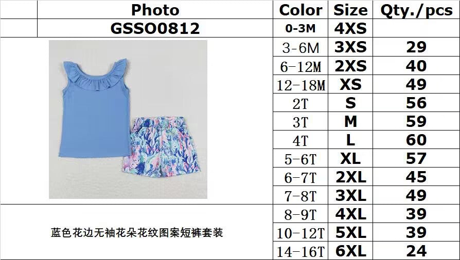 GSSO0812 Blue lace sleeveless floral pattern shorts set