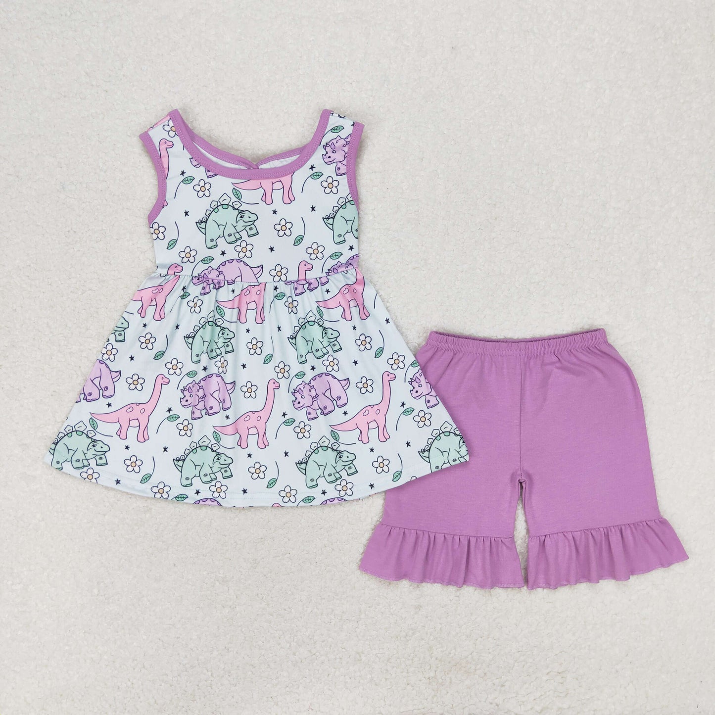 rts no moq GSSO0533 Flower Dinosaur Purple Bow Sleeveless Shorts Set