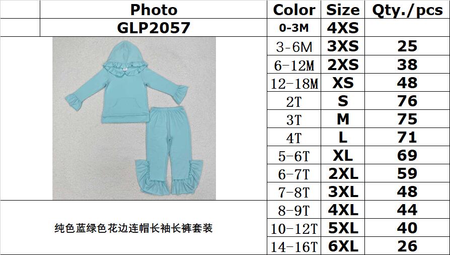 RTS NO MOQ ETA 5/7days Arrived GLP2057 Solid Blue Green Lace Hooded Long Sleeve Trousers Set