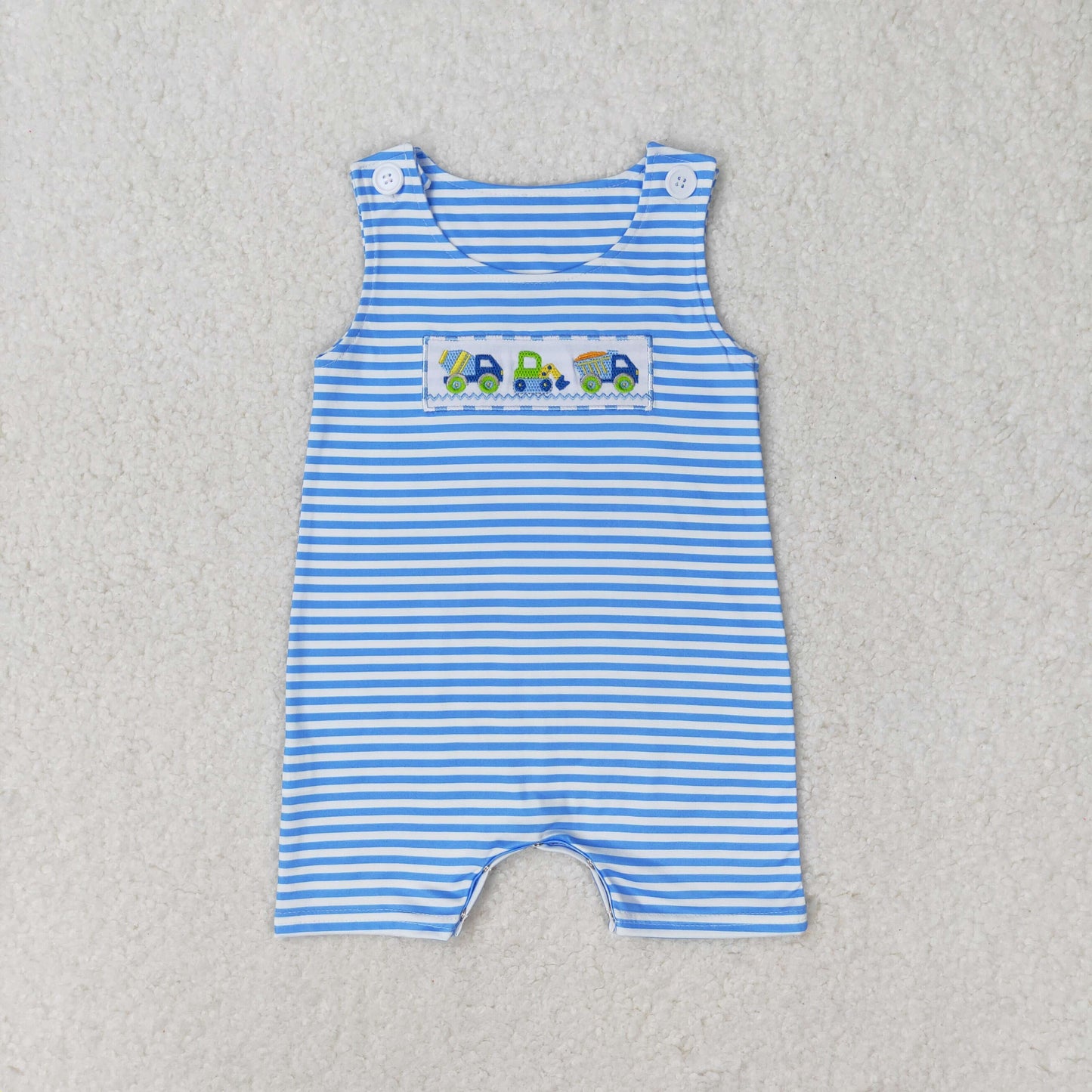 RTS no moq SR1005 Embroidered Engineering Vehicle Blue and White Striped Sleeveless Jumpsuit