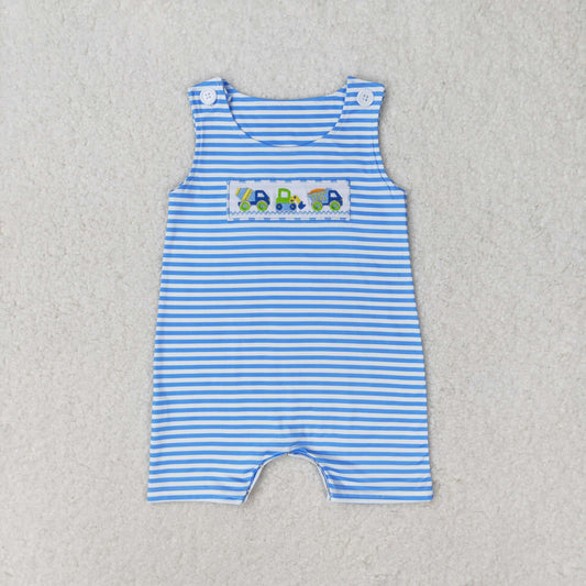 RTS no moq SR1005 Embroidered Engineering Vehicle Blue and White Striped Sleeveless Jumpsuit