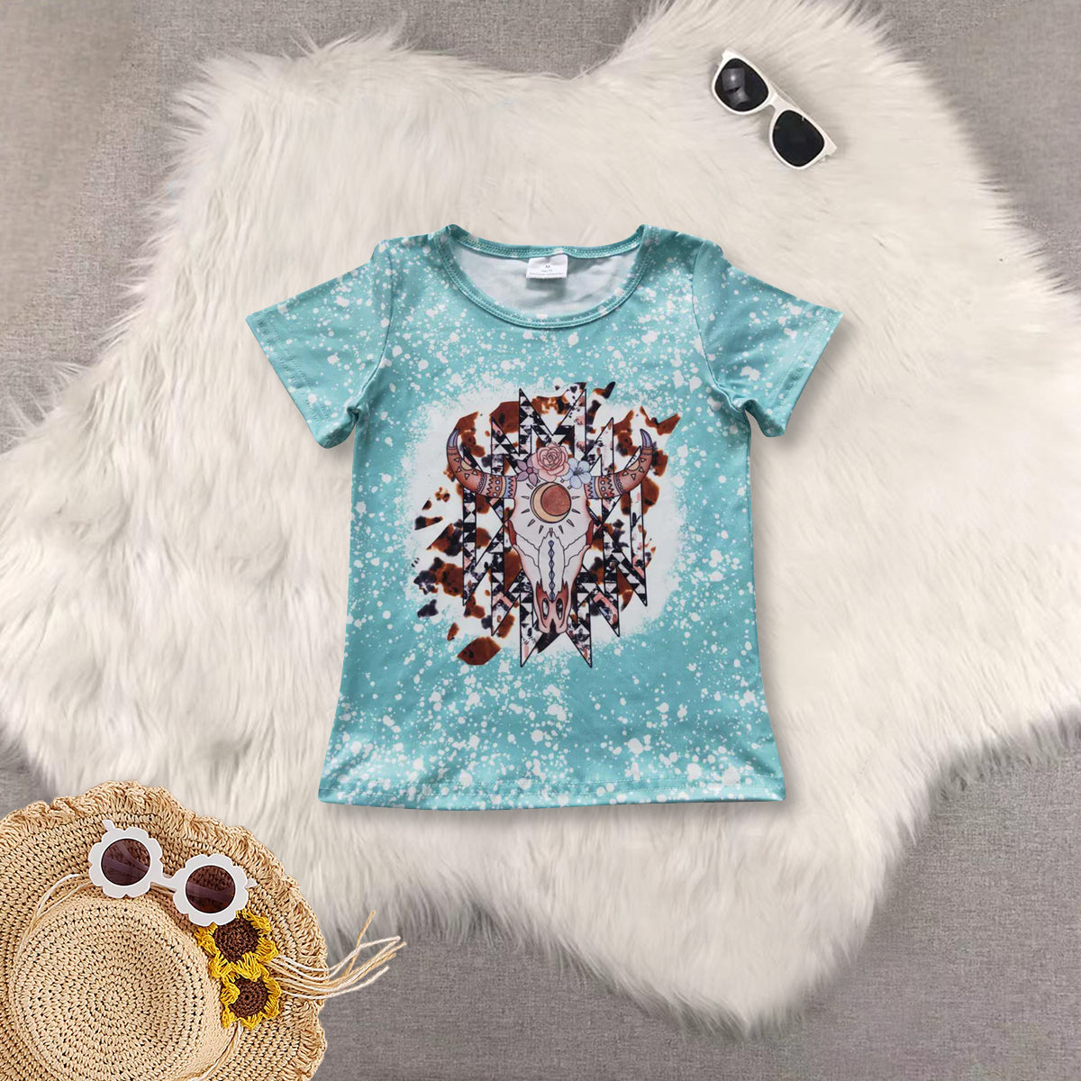 RTS NO MOQ blue short-sleeved top star striped blue pants skirt sets