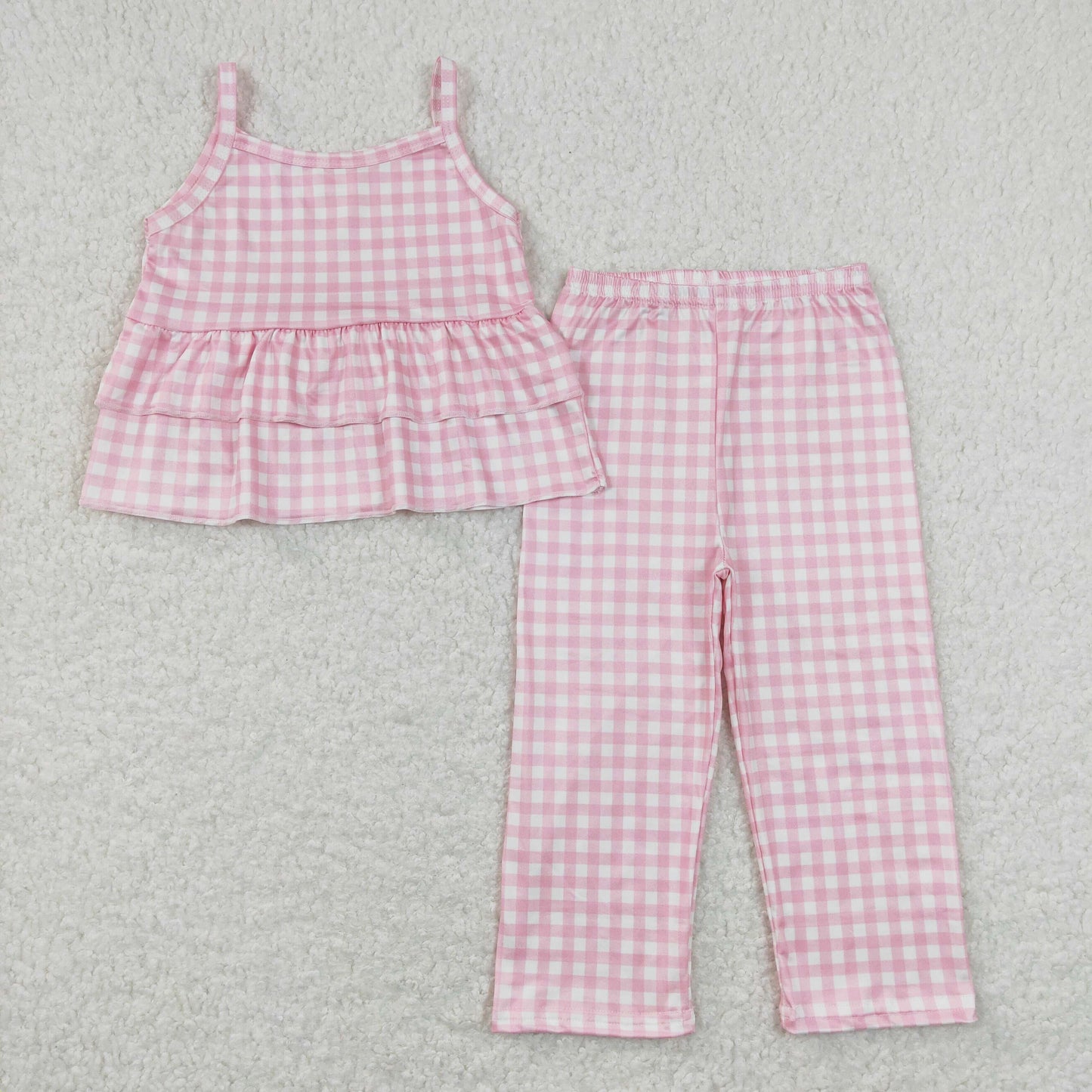 GSPO1380 Pink and white plaid lace suspender pants suit