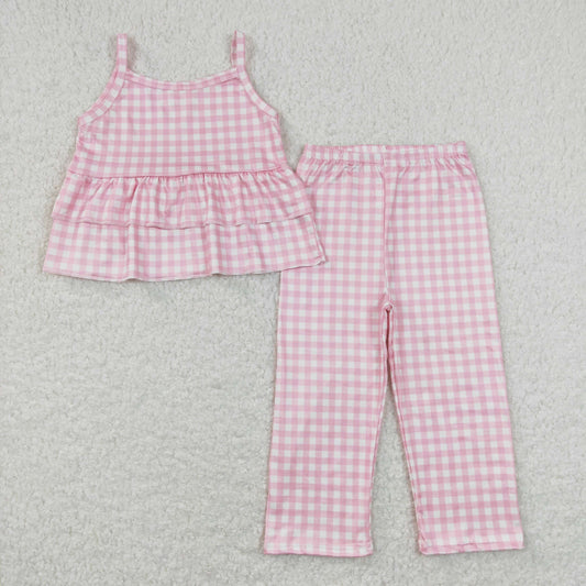 GSPO1380 Pink and white plaid lace suspender pants suit