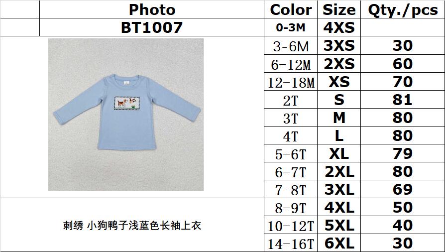 RTS NO MOQ ETA 5/7days Arrived BT1007 Embroidered puppy duck light blue long-sleeved top