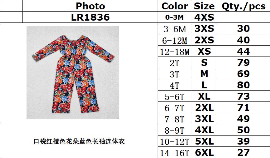 RTS NO MOQ ETA 5/7days Arrived LR1836 Pocket red orange flower blue long sleeve jumpsuit