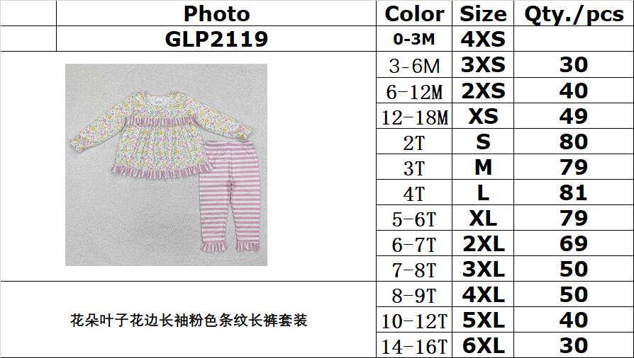 RTS NO MOQ ETA 5/7days Arrived GLP2119 Flower and leaf lace long-sleeved pink striped trousers set