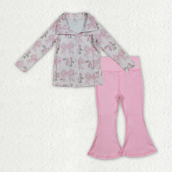 RTS NO MOQ Sibling Baby Girl Yoga Floral bow Long Sleeve Trousers Sets
