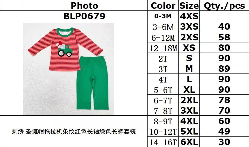 rts no moq BLP0679 Embroidered Santa hat tractor stripe red long sleeve green trousers set