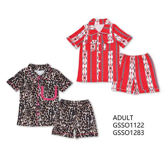 RTS NO MOQ GSSO1122 GSSO1283 Adult Girls Button Cardigan Short Sleeve Shorts Pajama Set: Leopard & Geometric Stripes