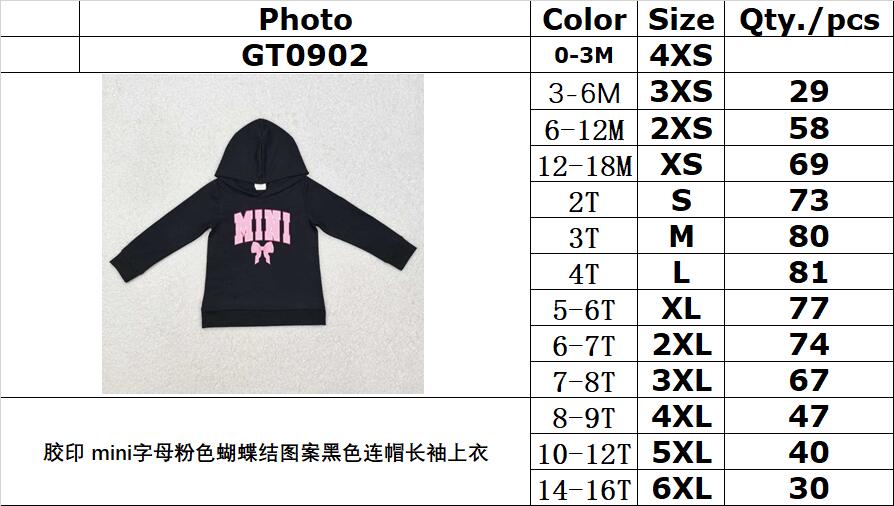 RTS NO MOQ ETA 5/7days Arrived GT0902 Offset mini letters pink bow pattern black hooded long-sleeved top