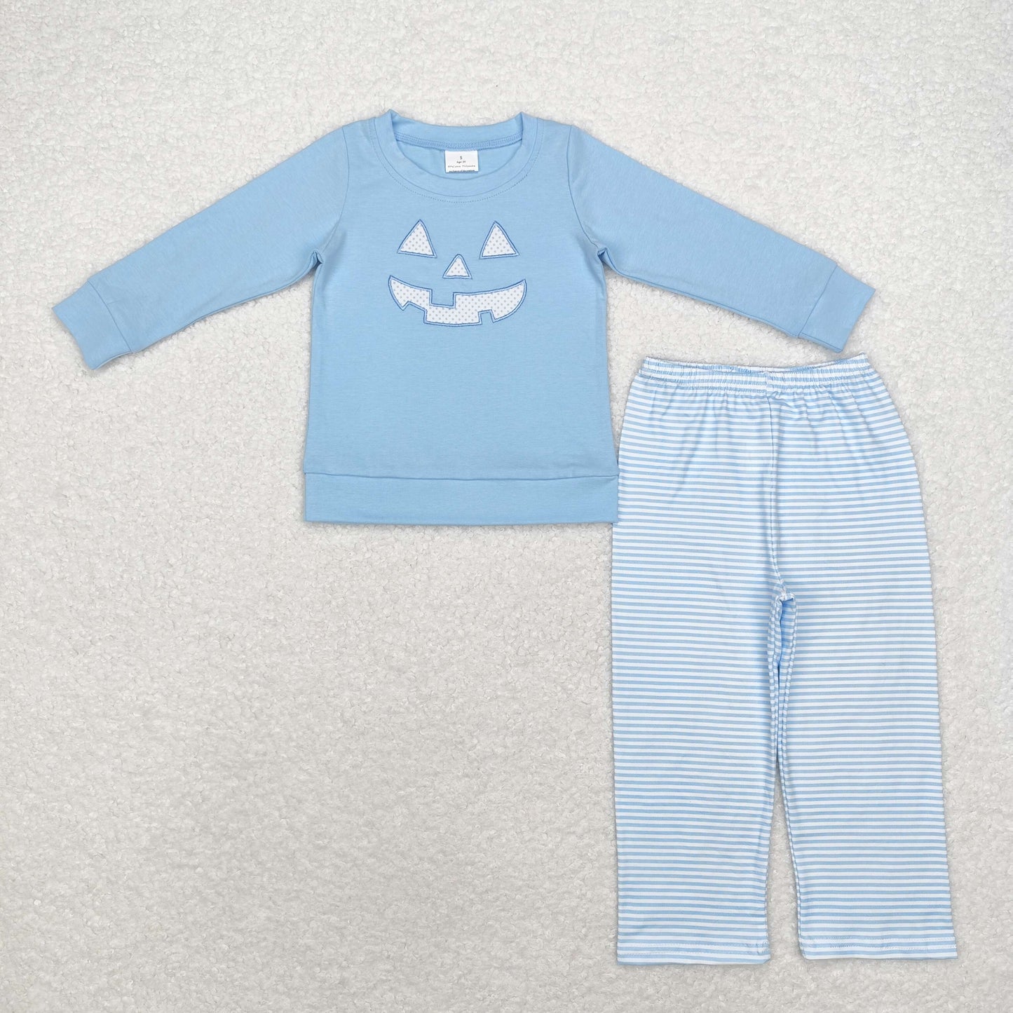 rts no moq BT0832+P0626 Embroidered Halloween devil smile blue long-sleeved top striped trousers sets