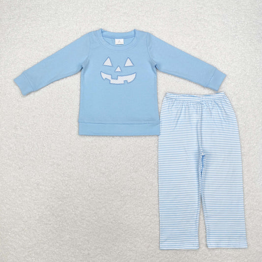 rts no moq BT0832+P0626 Embroidered Halloween devil smile blue long-sleeved top striped trousers sets