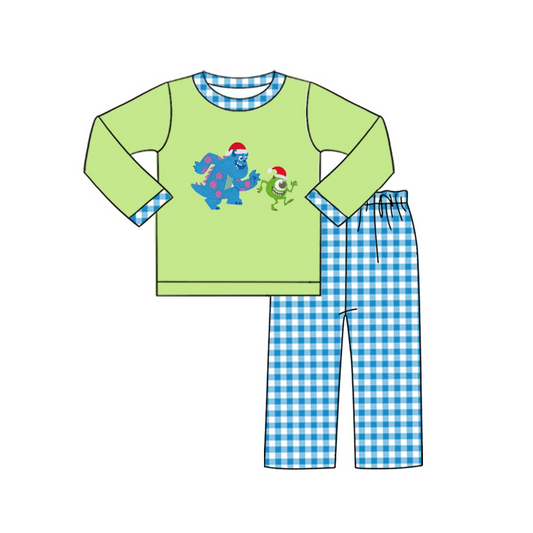 Deadline September 14 custom no moq eta 6-8weeks Cartoon character wearing Santa hat Grass green long-sleeved top - blue plaid trousers set