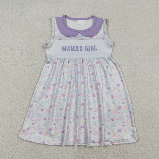 RTS NO MOQ（In Stock ) Embroidered Mama's Girl Floral Purple Collar Sleeveless Dress