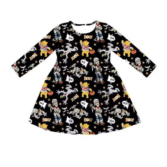 custom moq 5 eta 6-7weeks baby girls clothes cartoon Winnie the Pooh black Long-sleeved nightdress Summer nightdress