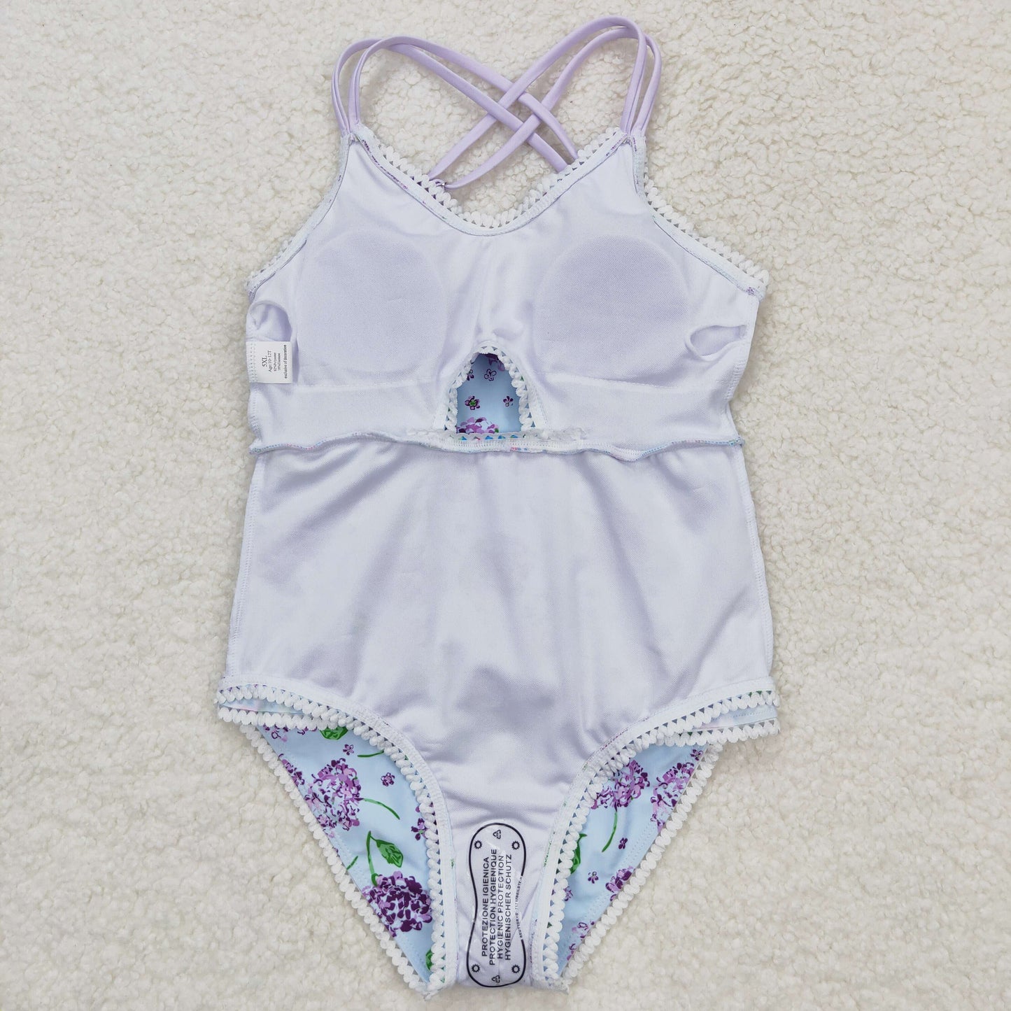 S0246 Purple flower lace teal one-piece swimsuit with straps