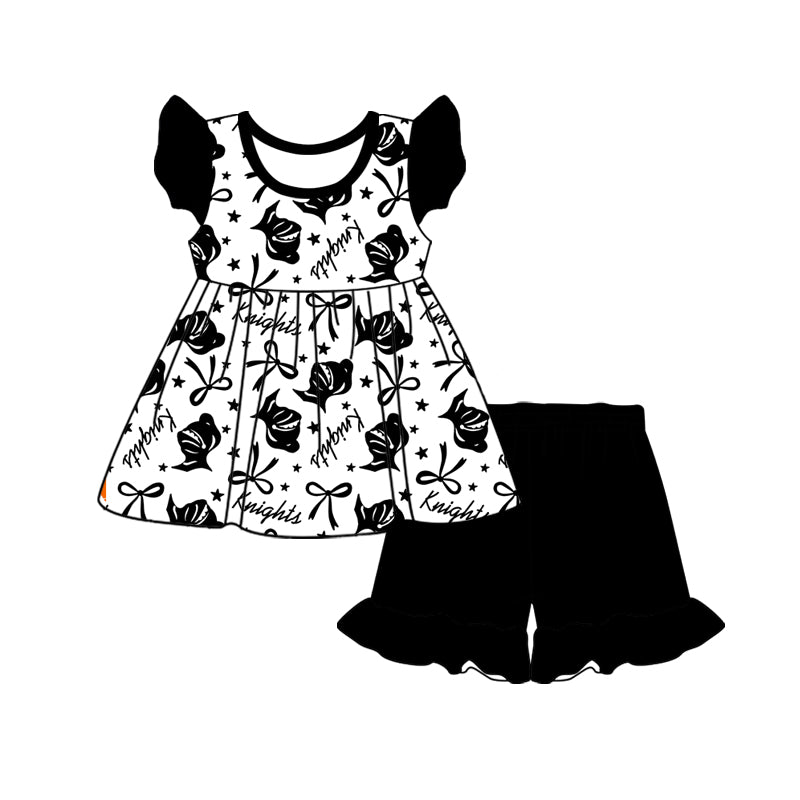 custom moq 3 eta 6-7weeks baby girls clothes team bow black hort Sleeves Shorts Set