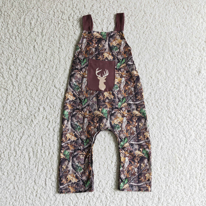 RTS NO MOQ Baby Boys and Girls Brown Dry Leaves and Branches Overalls with Embroidered Christmas Elk