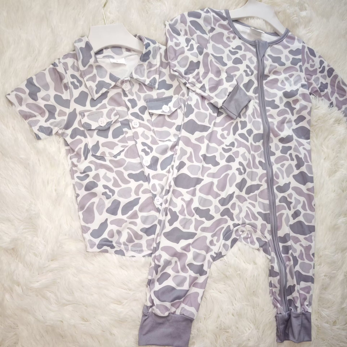 RTS NO MOQ Sibling baby boys clothes camouflage button short-sleeved tops and romper