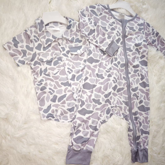RTS NO MOQ Sibling baby boys clothes camouflage button short-sleeved tops and romper