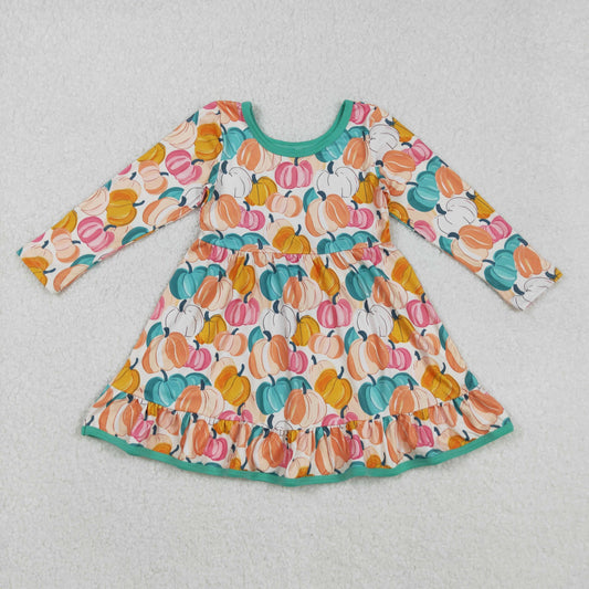 RTS NO MOQ（In Stock) GLD1264 Pumpkin Pattern Beige Long-Sleeved Dress