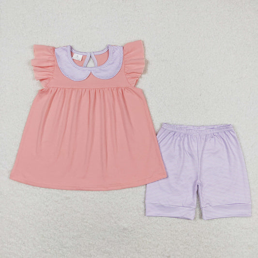 rts no moq GSSO1066 Purple striped doll collar pink and orange flying sleeve shorts suit