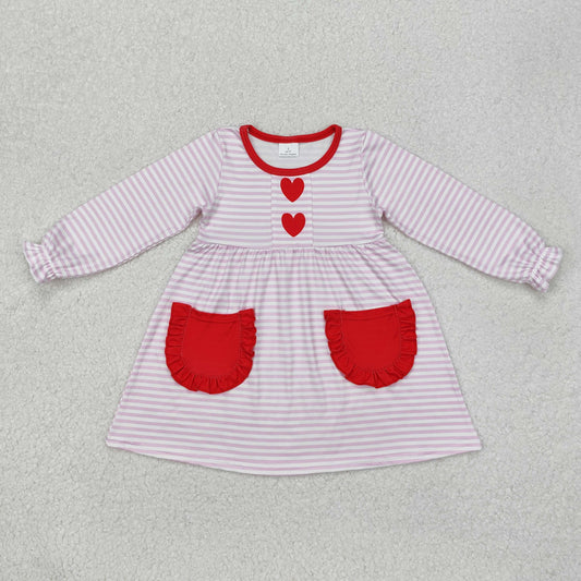 RTS NO MOQ ETA 5/7days arrived GLD0853 Red heart lace pocket pink striped long-sleeved dress