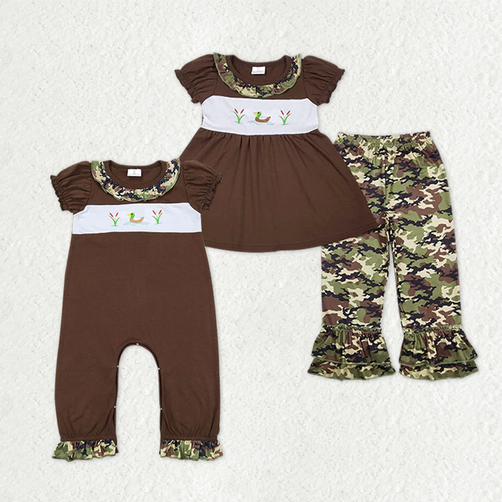 RTS NO MOQ Sibling baby girl clothes Embroidered duck camouflage lace army green short-sleeved trousersEmbroidered duck camouflage lace army green short-sleeved jumpsuit