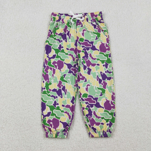 RTS NO MOQ（In Stock) P0838 Carnival green, yellow, and purple camouflage lace-up drawstring pants
