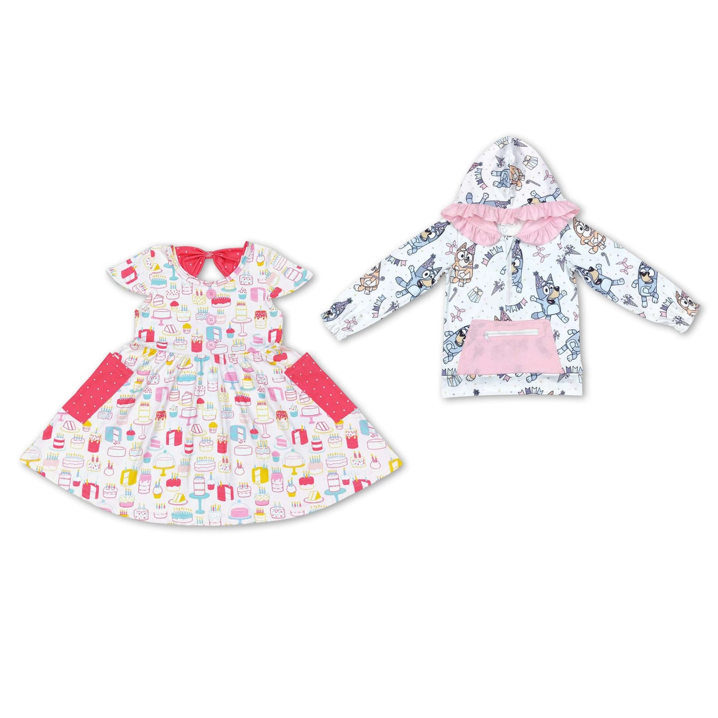 RTS NO MOQ GSD1082 GT0634 Birthday Cake Watermelon Red Bowknot Short Sleeve Dress & Birthday Puppy Hooded Zipper Pullover Long Sleeve Top