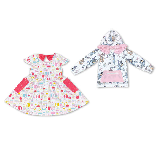 RTS NO MOQ GSD1082 GT0634 Birthday Cake Watermelon Red Bowknot Short Sleeve Dress & Birthday Puppy Hooded Zipper Pullover Long Sleeve Top