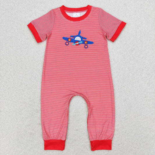 RTS no moq SR1043 Embroidered airplane red striped short-sleeved jumpsuit