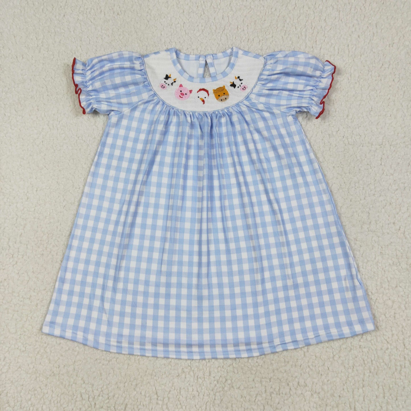 RTS NO MOQ（In Stock) GSD2275 Smocked embroidered farm animals blue and white plaid short-sleeved dress