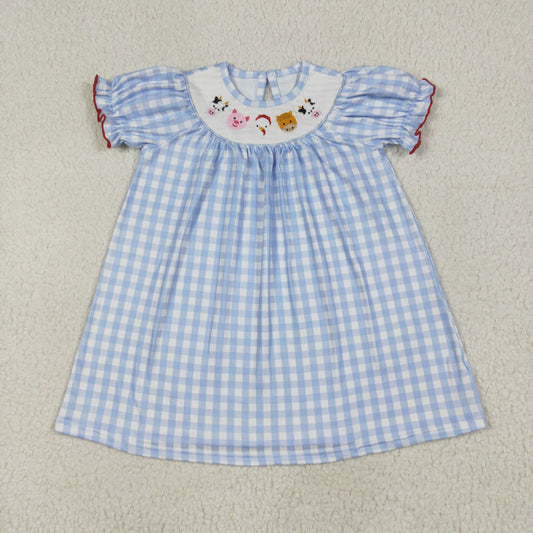 RTS NO MOQ（In Stock) GSD2275 Smocked embroidered farm animals blue and white plaid short-sleeved dress