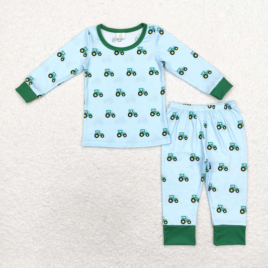 bamboo rts no moq BLP0607 Modal Tractor Blue Green Long Sleeve Long Pants Pajama Set