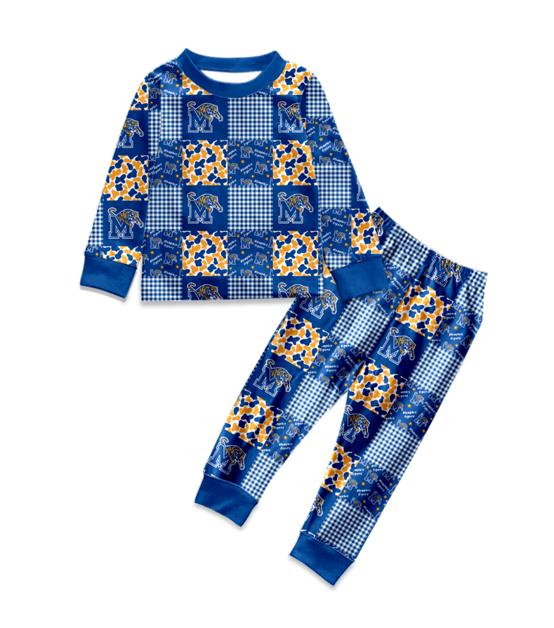 Custom moq 5 mix size eta 6-8weeks baby boy clothes team blue long sleeve pants set and romper