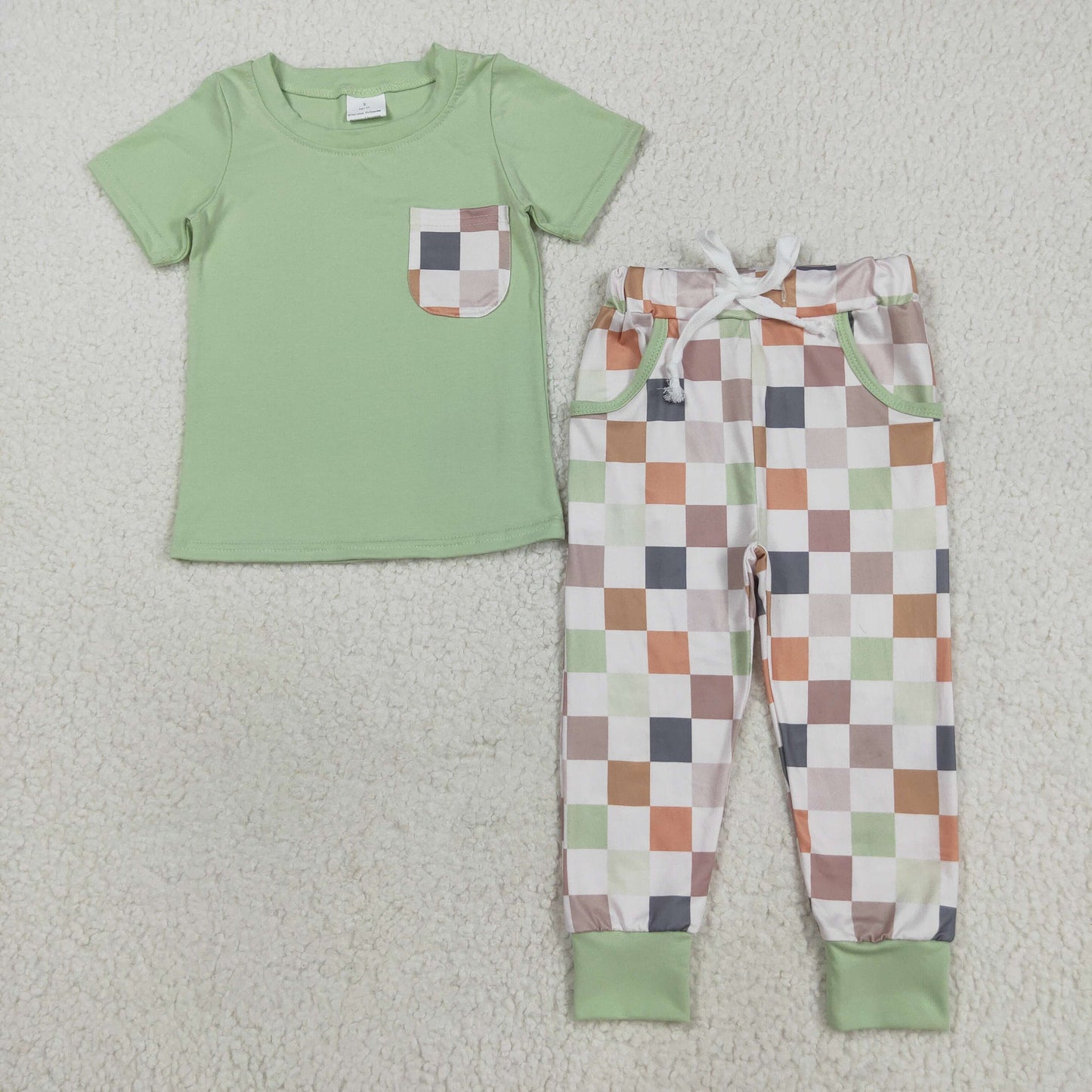 RTS NO MOQ（In Stock) BSPO0576 Colorful Plaid Pocket Green Short Sleeve Pants Set