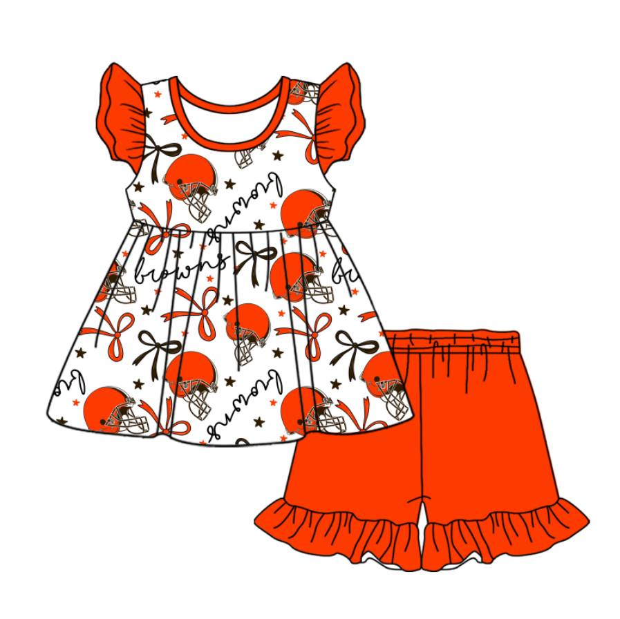 custom moq 3 eta 6-7weeks baby girls clothes team bow orange short Sleeves Shorts Set